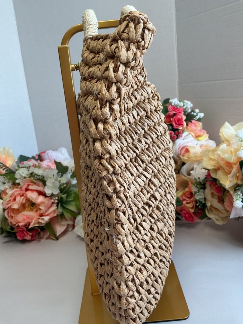 Mark & Graham Woven Straw Tote Natural Tan Ivory Wrapped Handles Coastal Resort - Picture 10 of 11
